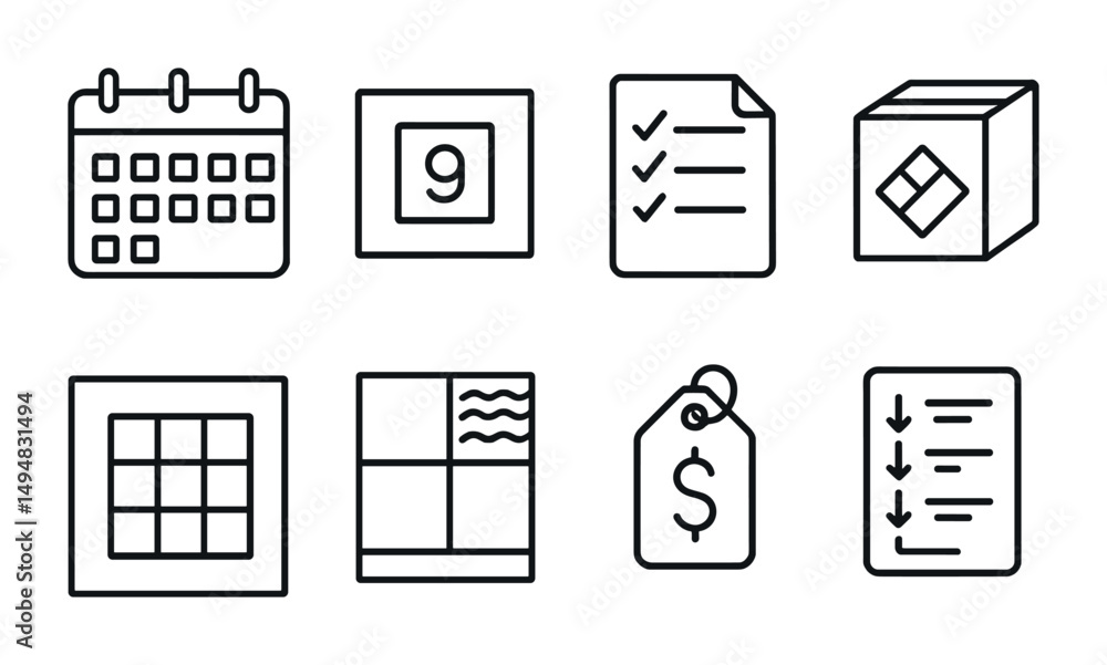 Office and productivity outline icons set – linear, organized, task management symbols