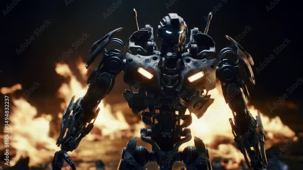 A powerful robot stands amidst blazing flames, highlighting its intricate design and advanced technology. This captivating scene offers a glimpse into the future of robotics and AI. A powerful robot stands amidst blazing flames, highlighting its intricate design and advanced technology. This captivating scene offers a glimpse into the future of robotics and AI.