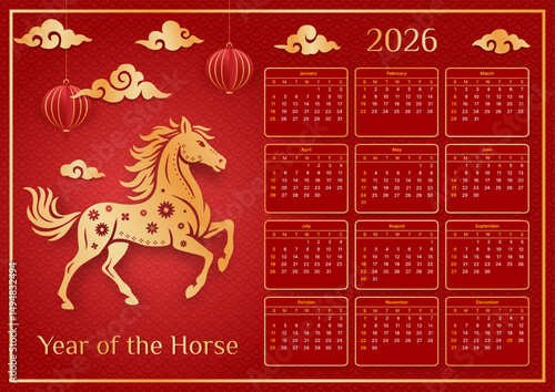 horizontal red calendar 2026, chinese new year of the horse celebration