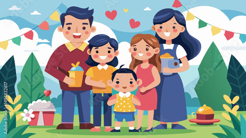 Happy family celebrating Day of Family, Love and Fidelity with gifts, smiles, hearts and festive decorations in a bright outdoor cartoon scene