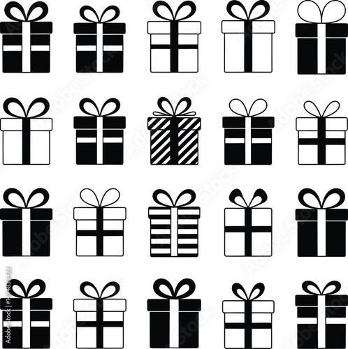 Variety of Gift Box Icons with Ribbons in Black and White Styles for Festive Season Marketing, Shopping Graphics, and Holiday Packaging Design