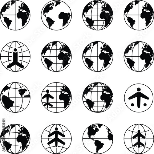 Global Connectivity and Travel Icons Featuring Earth Globe and Plane Elements for Worldwide Business, Logistics, and International Trade Graphics