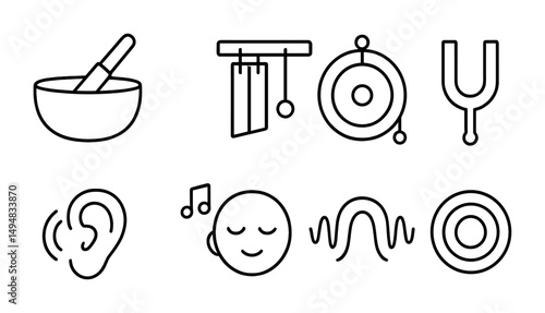 Sound and vibration outline icons set – linear, flat, audio and frequency symbols