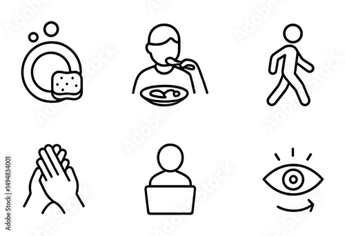 Daily activity outline icons set – flat, line, everyday lifestyle symbols