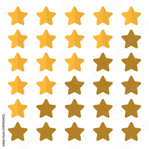 Five stars icon. Vector golden color: Customers rate the product with five stars, flat icon for apps and websites. Set of different ratings. Vector illustration EPS 10. Five gold star rating