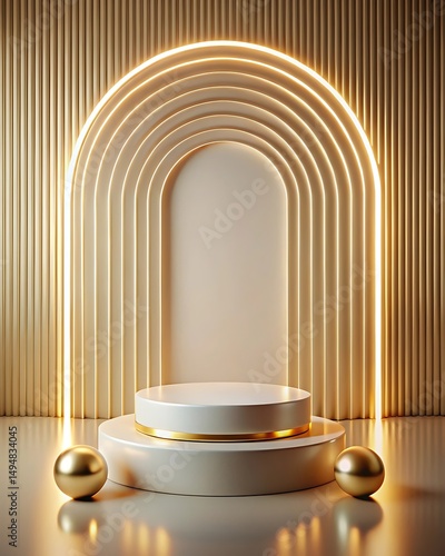 Elegant 3d render of a white product podium with gold accents and glowing archway