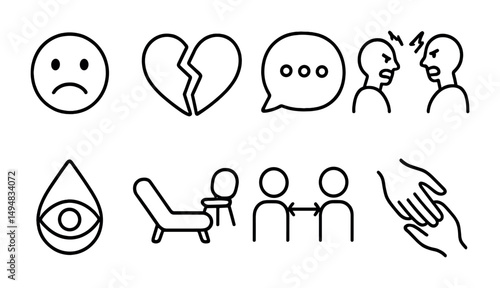Emotional communication icons set – outline, linear, mental health symbols