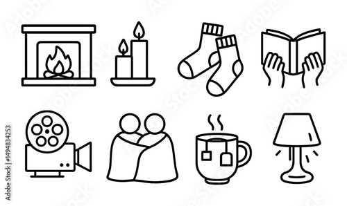 Cozy home lifestyle outline icons set – reading, relaxation, comfort essentials