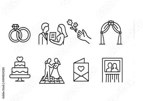 Wedding outline icons set – flat, linear, marriage and celebration symbols