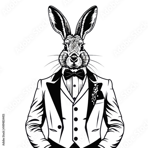 Anthropomorphic rabbit in tuxedo. Black and white illustration of hare wearing formal suit with bow tie for wedding, party invitation or fashion concept.