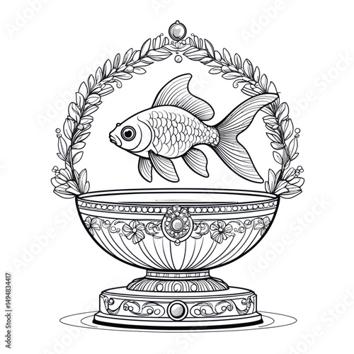 Fish bowl line drawing. Ornamental cup with water and wreath. Fish pet in a container.