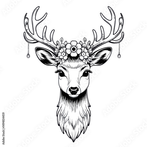 Linear deer with flower crown on head and teardrop earrings. Hand drawn isolated on white background.