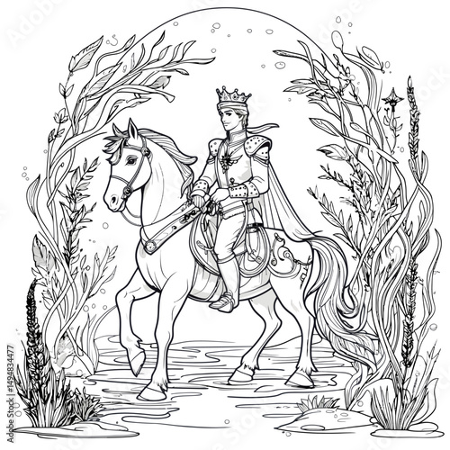 Prince riding horse. Fantasy fairy tale illustration. Man in crown and cape on horse among plants. Coloring book page for kids and adults.