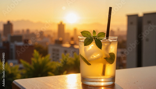 Iced basil lemonade glowing in sunset on rooftop terrace, summer refreshment