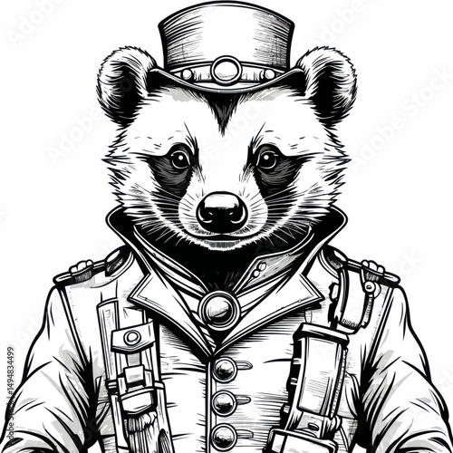 Badger in Steampunk Outfit Illustration. Animal character wearing top hat and coat. Ink sketch style.