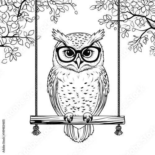 Hand drawn owl wearing glasses on swing. Black and white illustration with owl in eyeglasses sitting in forest.