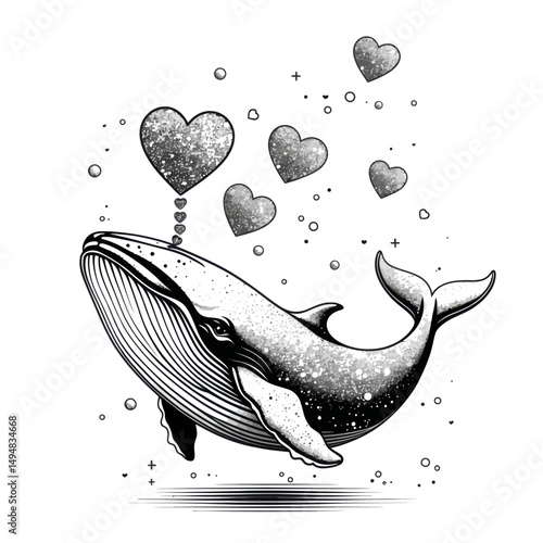 Whale releasing bubbles hearts. Ink drawing illustration for valentines day.
