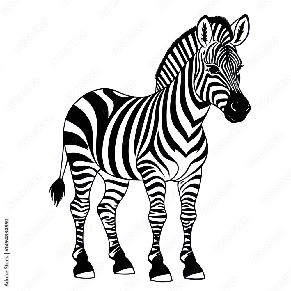 Obraz premium Zebra standing isolated in black and white illustration. Stripped african animal drawing