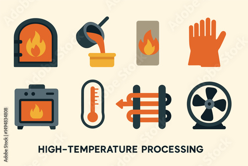 High temperature processing icons set – flat, industrial, heat control symbols