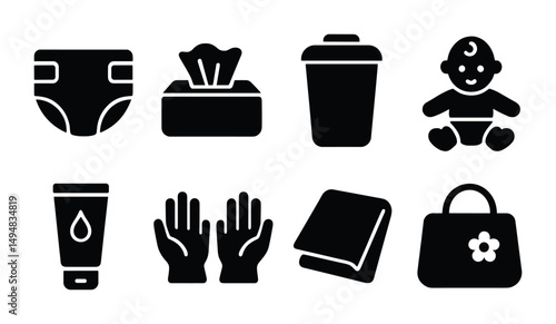 Baby care and childcare solid icons set – diaper, feeding, silhouette, essentials