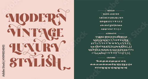Modern vintage luxury stylish fonts. Romance Elegant typeface design. Classic typography serif. Uppercase, lowercase, ligatures, alternative variation, and number. Vector illustration word