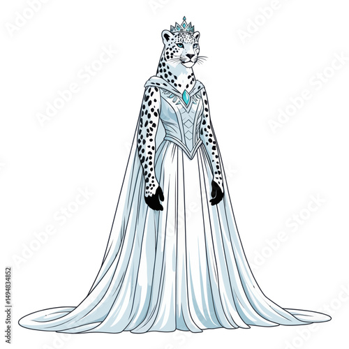 Snow leopard queen cartoon illustration. Feline animal character in royal dress. Concept fairy tale.