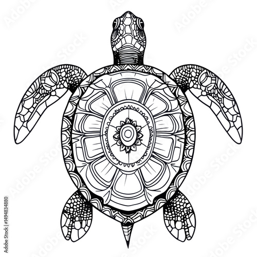 Sea Turtle Zentangle. Black line art with decorative elements on shell and flippers for coloring page or tattoo