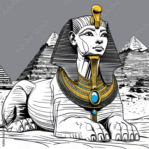 Sketch Sphinx and Pyramids. Ancient sculpture laying in Egypt. Egyptian pyramids in the background.