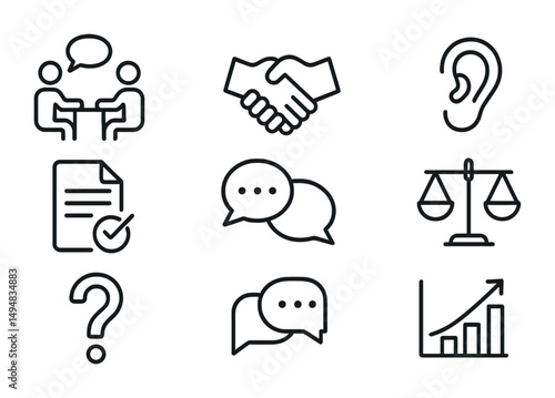 Business communication outline icons set – line, meeting, dialogue symbols