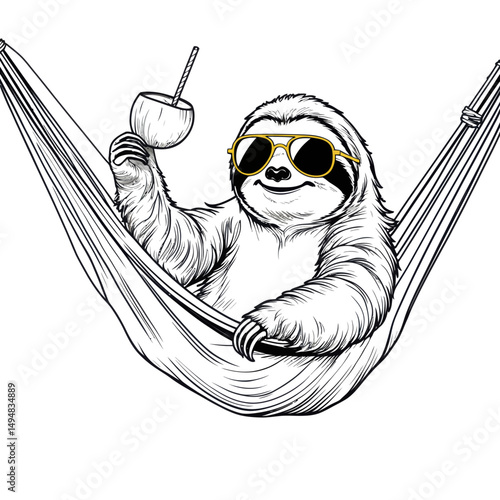 Sloth chilling in hammock drinking coconut. Hand drawn style image