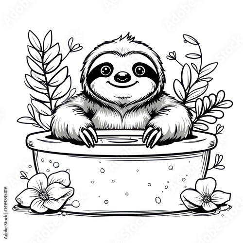 cute sloth bathing grayscale outline. animal cartoon bathing with flower and leaves
