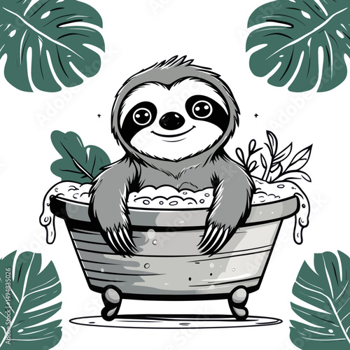 Cartoon Sloth Taking Bath. Happy sloth inside tub with foam, leaves around. Spa day for animal