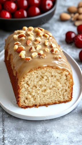 Wallpaper Mural Moist Almond Cherry Cake Slice, Topped with Almond Glaze and Sliced Almonds, on White Plate Torontodigital.ca