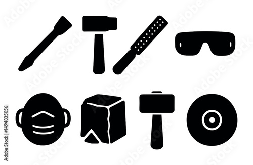 Construction tools solid icons set – silhouette, filled, building and diy symbols
