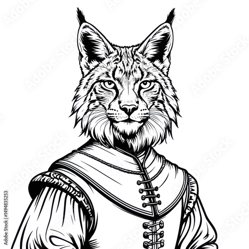 Ink drawing of lynx dressed up. Animal character wearing medieval clothes on white background.