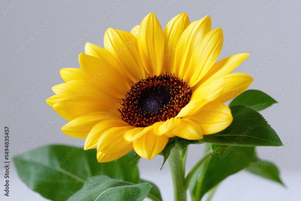 Fototapeta premium A vibrant sunflower in full bloom with vivid yellow petals and a rich brown center, captured in natural