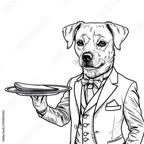 Dog butler holding tray with dish hand drawn style. Animal wearing suit with tie.