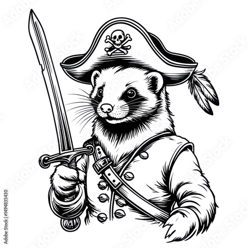 MInk Pirate holding Sword Ink Drawing. Predator in Captain hat with skull. Animal in pirate suit with saber in paw