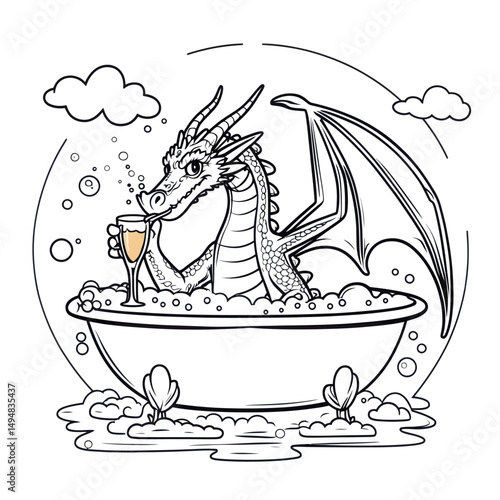 Dragon bathing in tub drinking champagne. Hand drawn illustration of fantasy creature taking bath.
