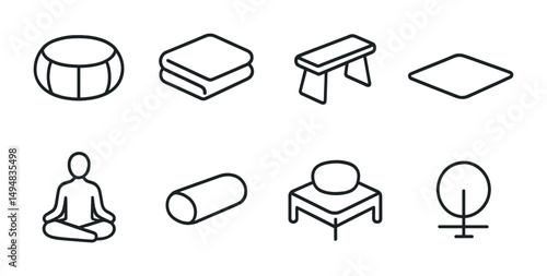 Meditation and yoga outline icons set – line, linear, zen and relaxation symbols