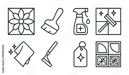 Home cleaning outline icons set – tidy, organization, neat symbol collection