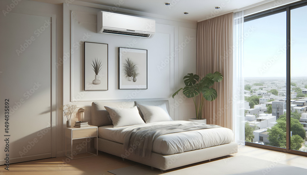Fototapeta premium A/c unit mounted on a clean indoor wall in a minimalist bedroom, showing cold air flow on a hot day.