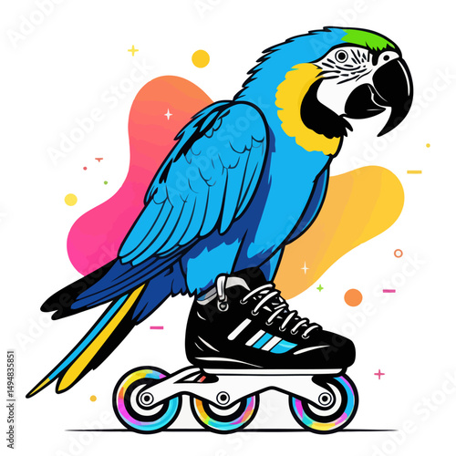 Parrot Rolling Skating. Blue yellow macaw on roller skates with colorful background
