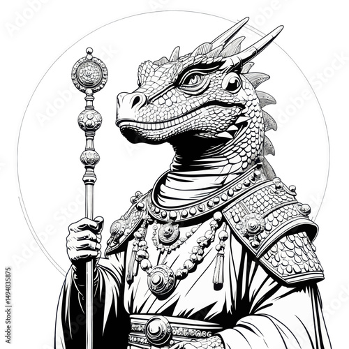 Dragon mage with staff illustration. Reptilian humanoid monster wearing royal clothes