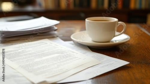 A white coffee cup sits atop a wooden table near documents