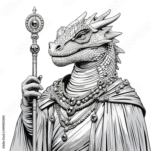 Dragon mage illustration holding scepter. Reptilian creature wearing fantasy clothes with jeweled necklaces.