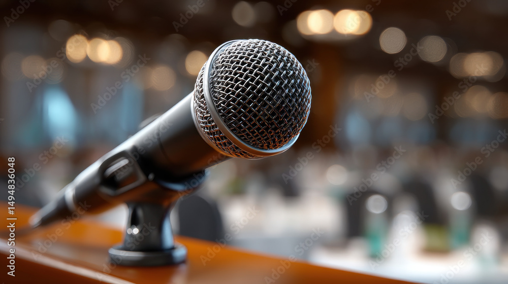 Obraz premium A microphone is on a stand in front of a crowd