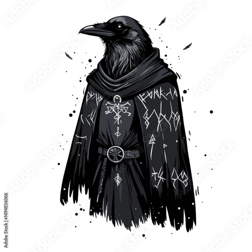 Raven mage illustration. Bird with black mantle and mystic symbols. Fantasy character on isolated background