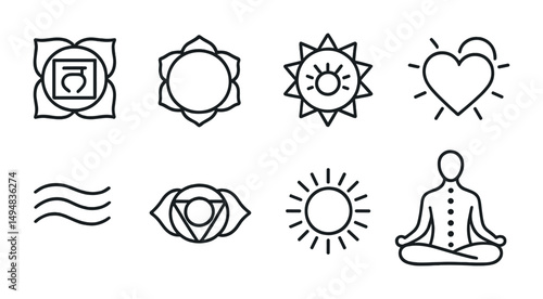 Yoga and wellness outline icons set – line, silhouette, meditation and health symbols