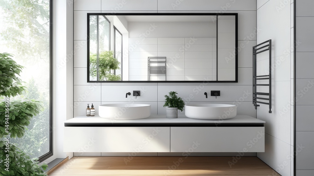 Fototapeta premium Modern bathroom with two sinks and a big rectangle mirror with black frame